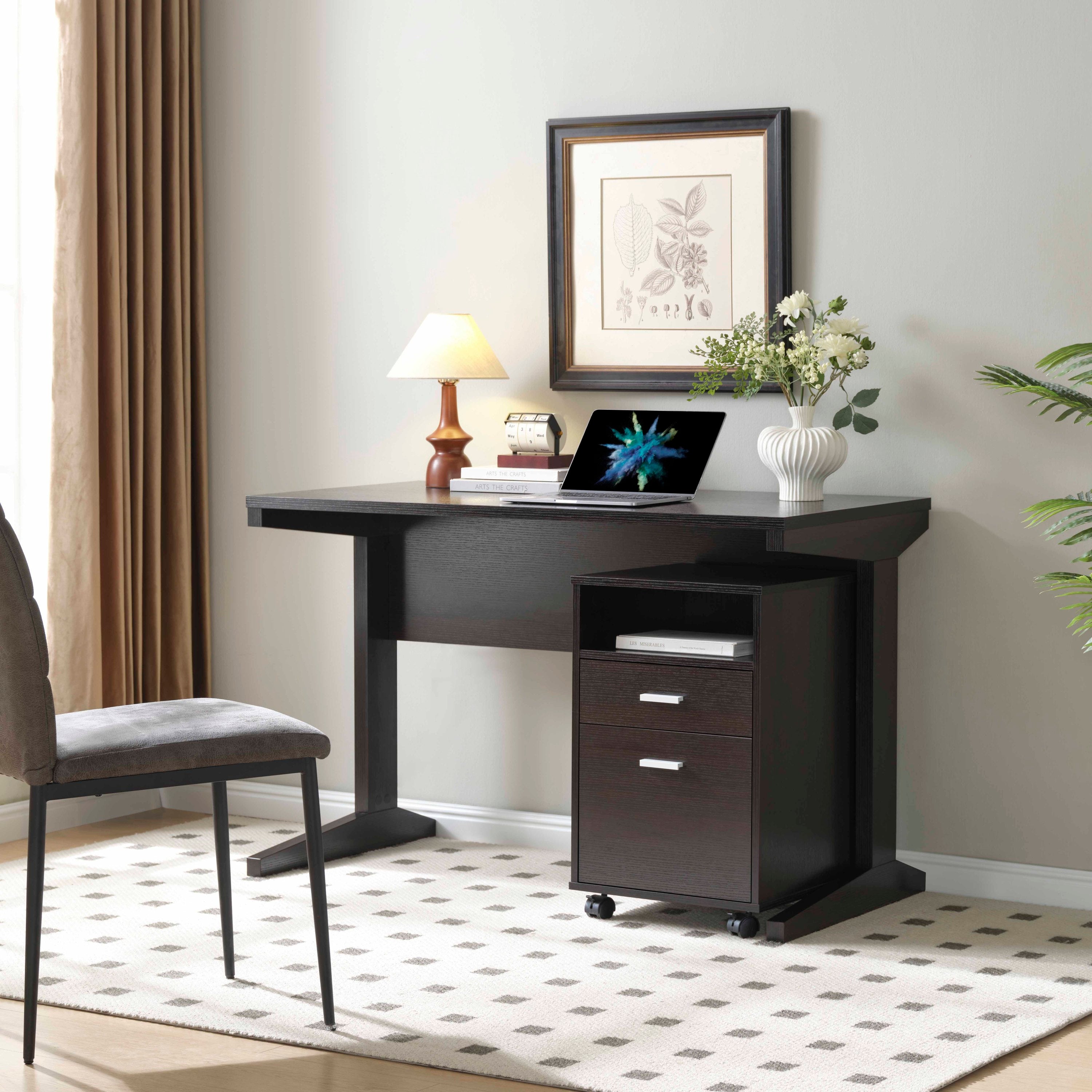 Home office desk with modesty panel and detached file cabinet on locking wheels with two drawers file drawer cubby shelf meta