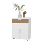 FM FURNITURE North Fork Shoe Rack, Pneumatic Lift-Up Compartment, Dual Doors, White and Natural Oak - Grand Goldman Shop