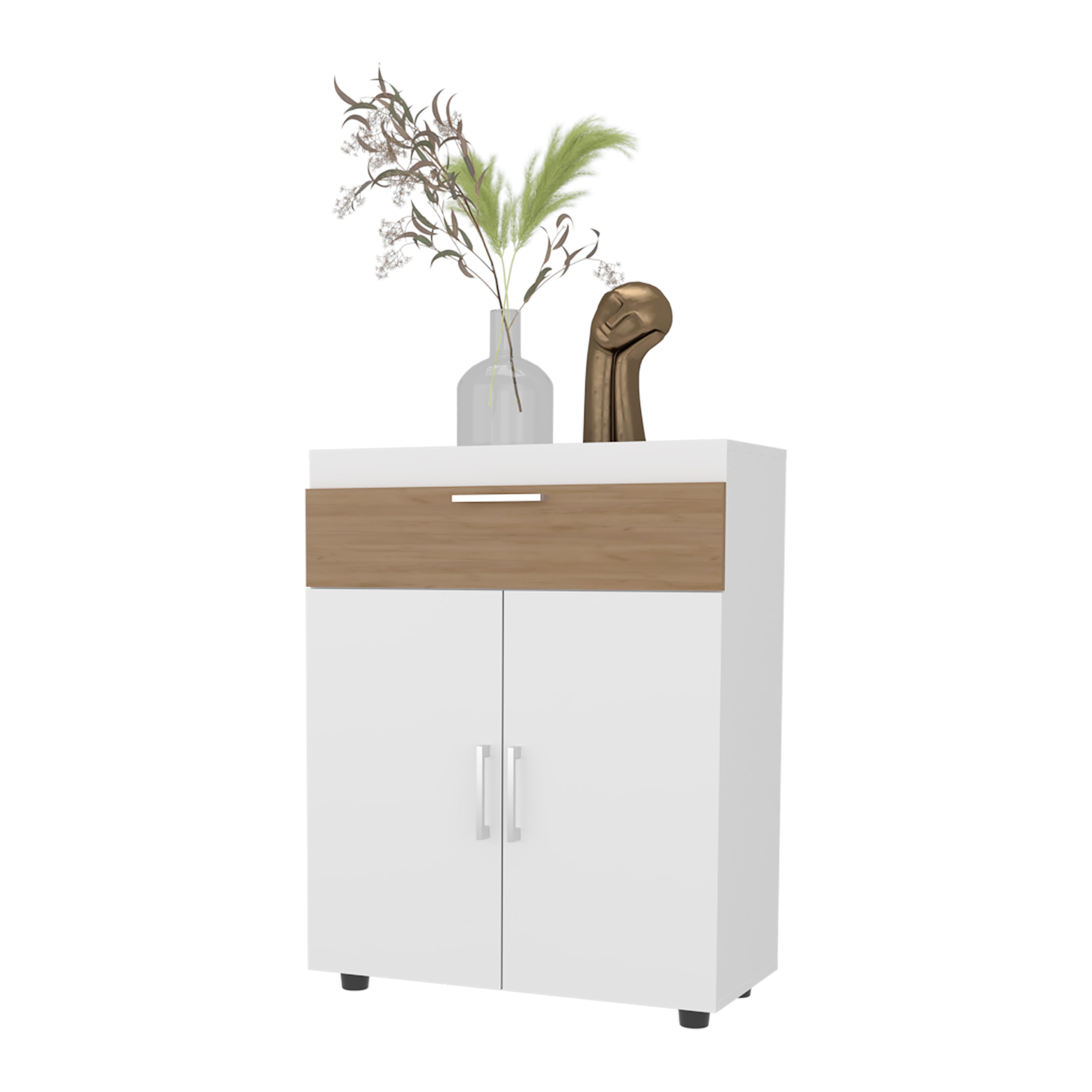 FM FURNITURE North Fork Shoe Rack, Pneumatic Lift-Up Compartment, Dual Doors, White and Natural Oak - Grand Goldman Shop