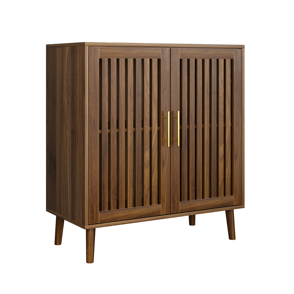 Farmhouse Walnut Sideboard Buffet Cabinet With Louvered Doors, Wood Coffee Bar Storage For Kitchen & Living Room, 31.5' W - Grand Goldman Shop