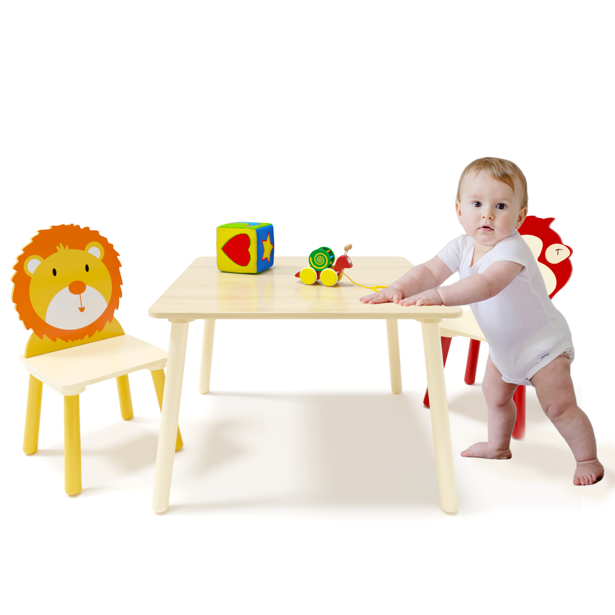 Lion & Monkey Wooden Activity Play Table Set for Kids, 3-Piece Toddler Table and Chair Set in Yellow & Red, Solid Wood & MDF,