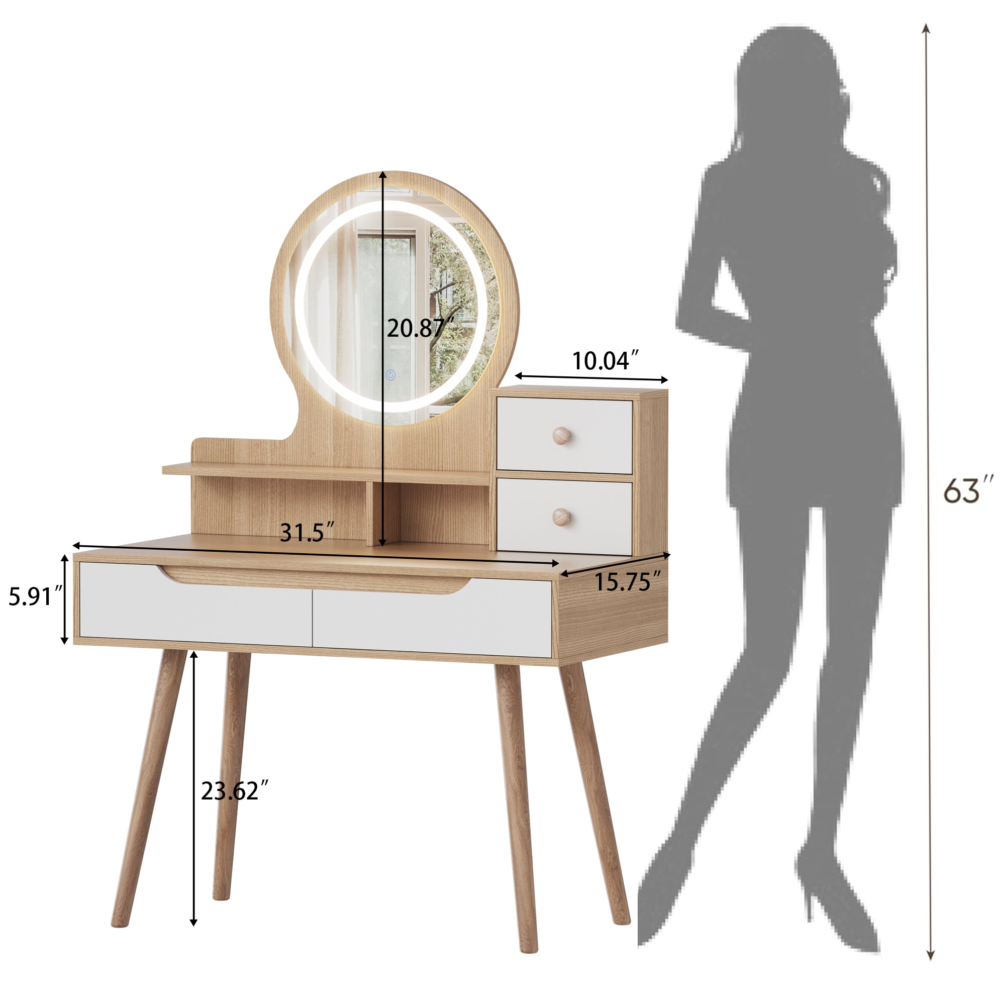 Elegant Makeup Vanity Desk with Adjustable Lighted Mirror, Solid Wood Table Feet, American White Oak, MDF, Compact Size - Grand Goldman Shop