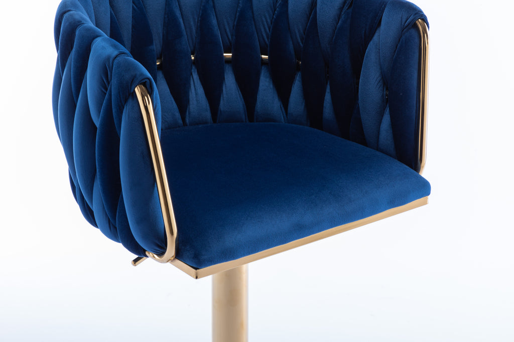 Set of 2  Bar Stools,with Chrome Footrest and Base Swivel Height Adjustable Mechanical Lifting Velvet + Golden Leg Simple Bar Stool-Navy - Grand Goldman Shop