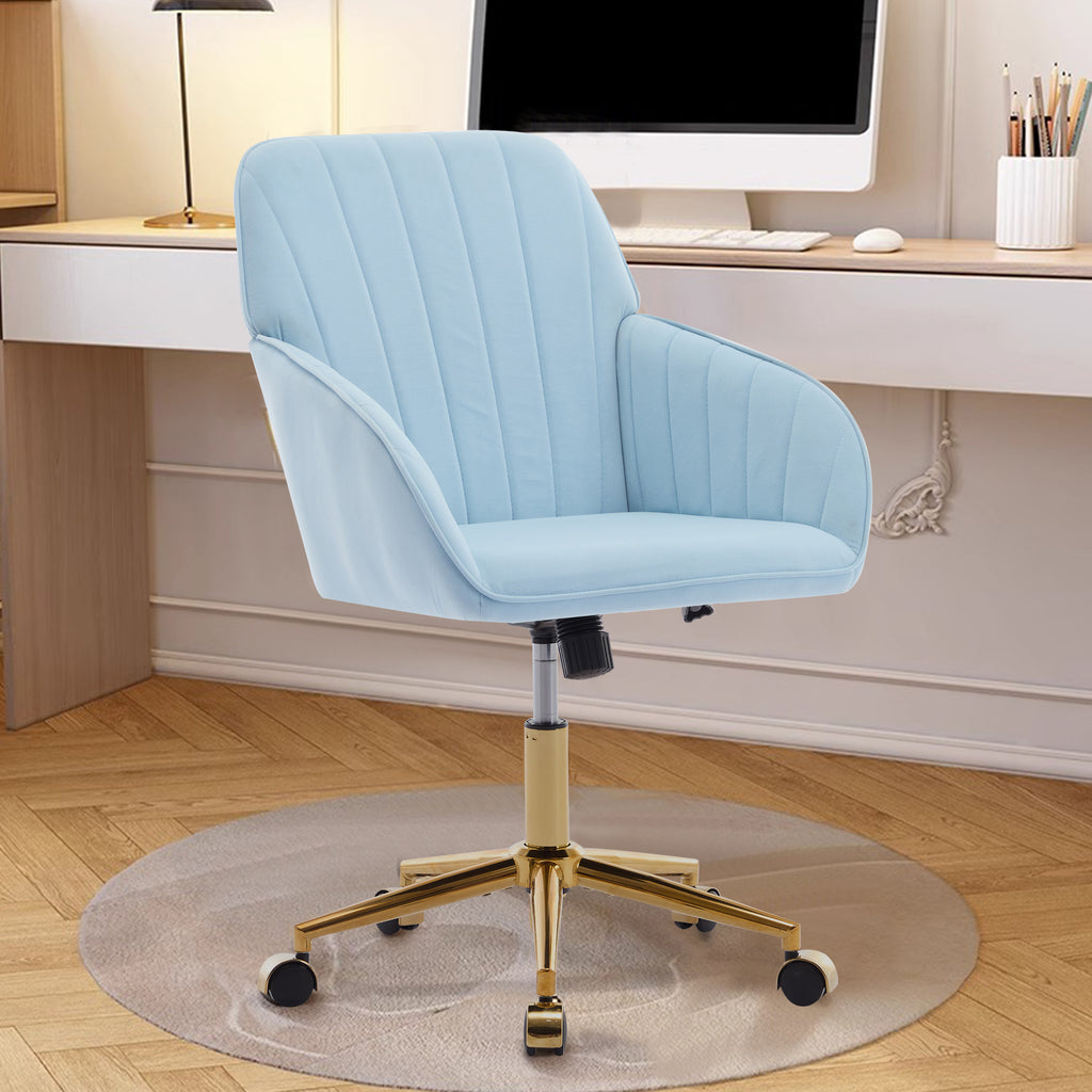 TY Adjustable Office Chair, Ergonomic Swivel Chair with Golden Base, Baby Blue Velvet, Comfortable for Long Sitting | Premium