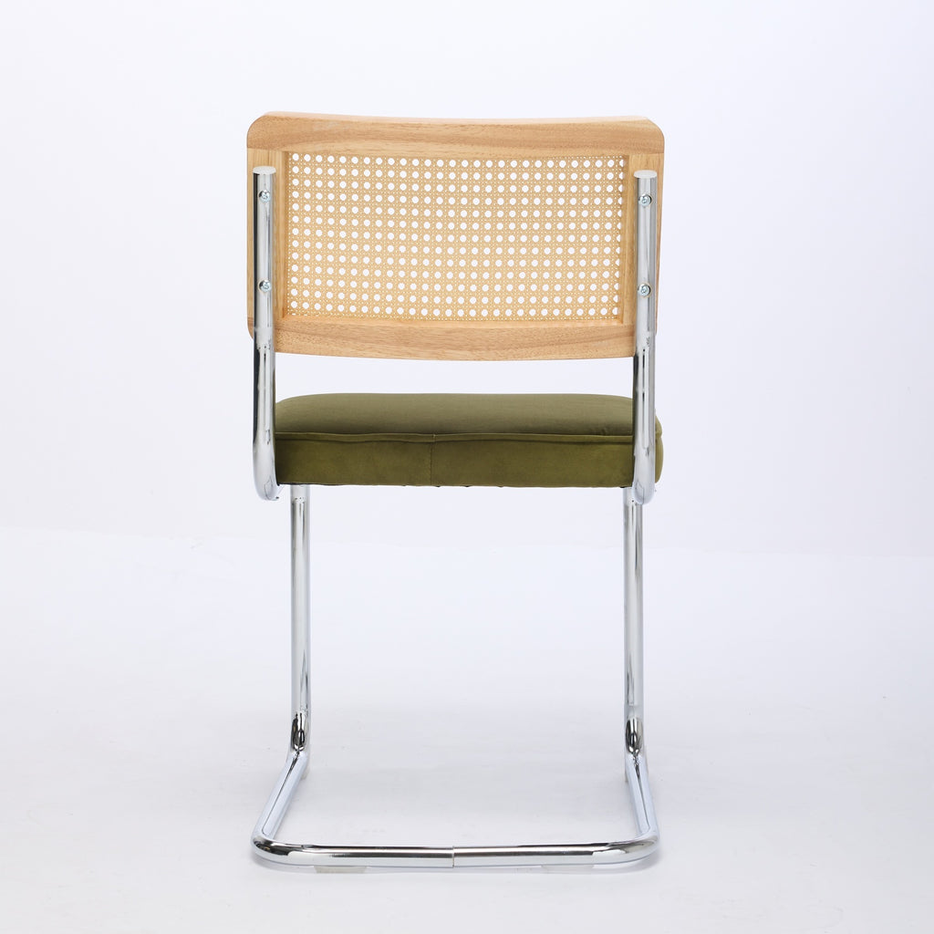 Mid Century Modern Dining Chairs Set of 2, Velvet Accent Chairs with Natural Cane Back & Stainless Chrome Base, Famous Breuer Designed Chairs, Upholstered Rattan Kitchen Chairs,Olive-Green - Grand Goldman Shop