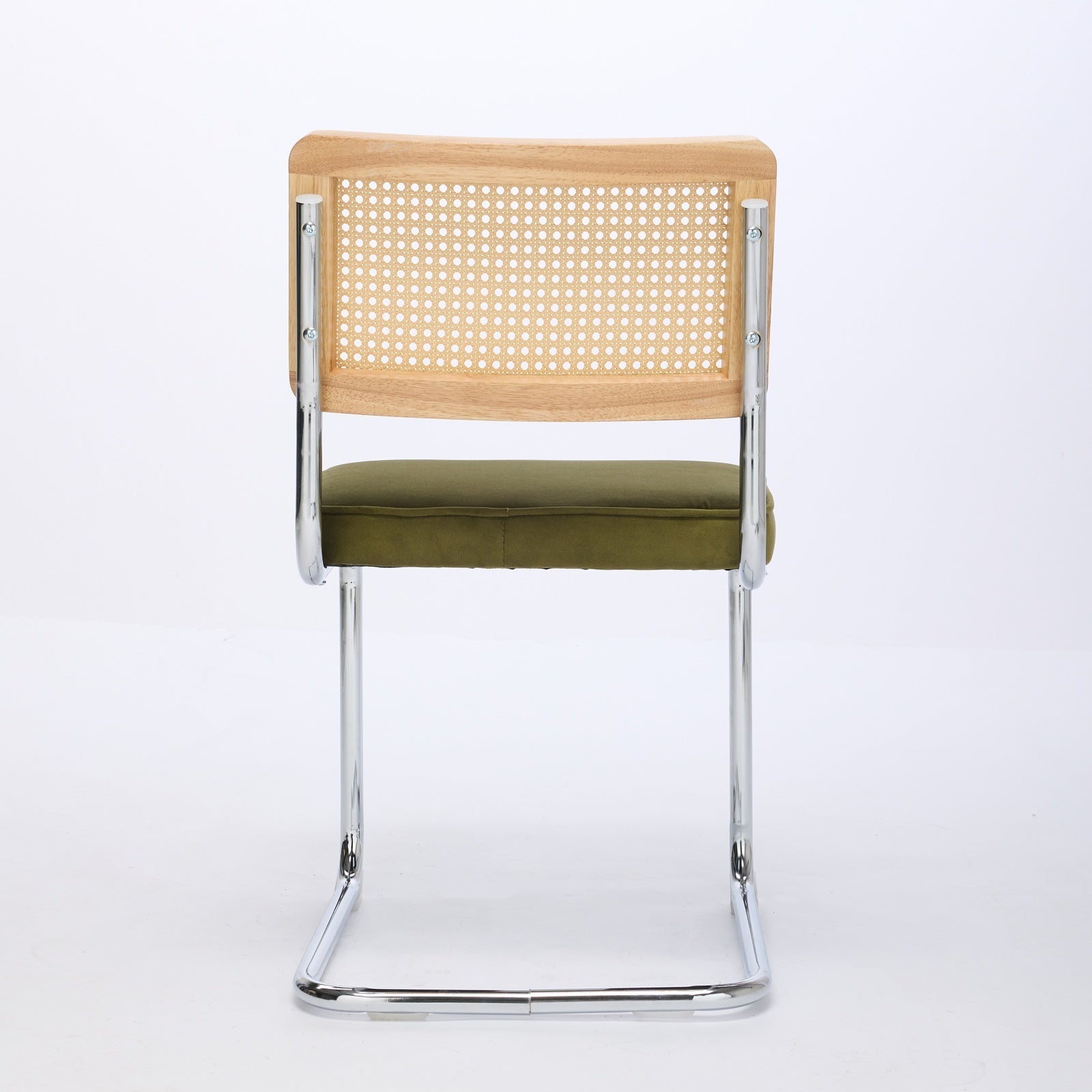 Mid Century Modern Dining Chairs Set of 2, Velvet Accent Chairs with Natural Cane Back & Stainless Chrome Base, Famous Breuer Designed Chairs, Upholstered Rattan Kitchen Chairs,Olive-Green - Grand Goldman Shop