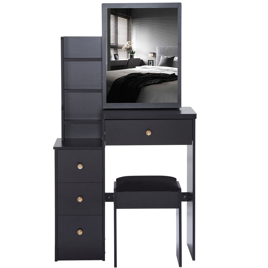 29.2' Small Space Left Bedside Cabinet Vanity Table + Cushioned Stool, Extra Large Right sliding mirror, Multi Layer High Capacity Storage, Practical Fashionable Dresser, Suitable For Small Space - Grand Goldman Shop