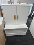 Kids Toy Storage Cabinet with Doors and Open Shelf, White Modern Wooden Organizer with Natural Wood Legs, Toddler Bookshelf f