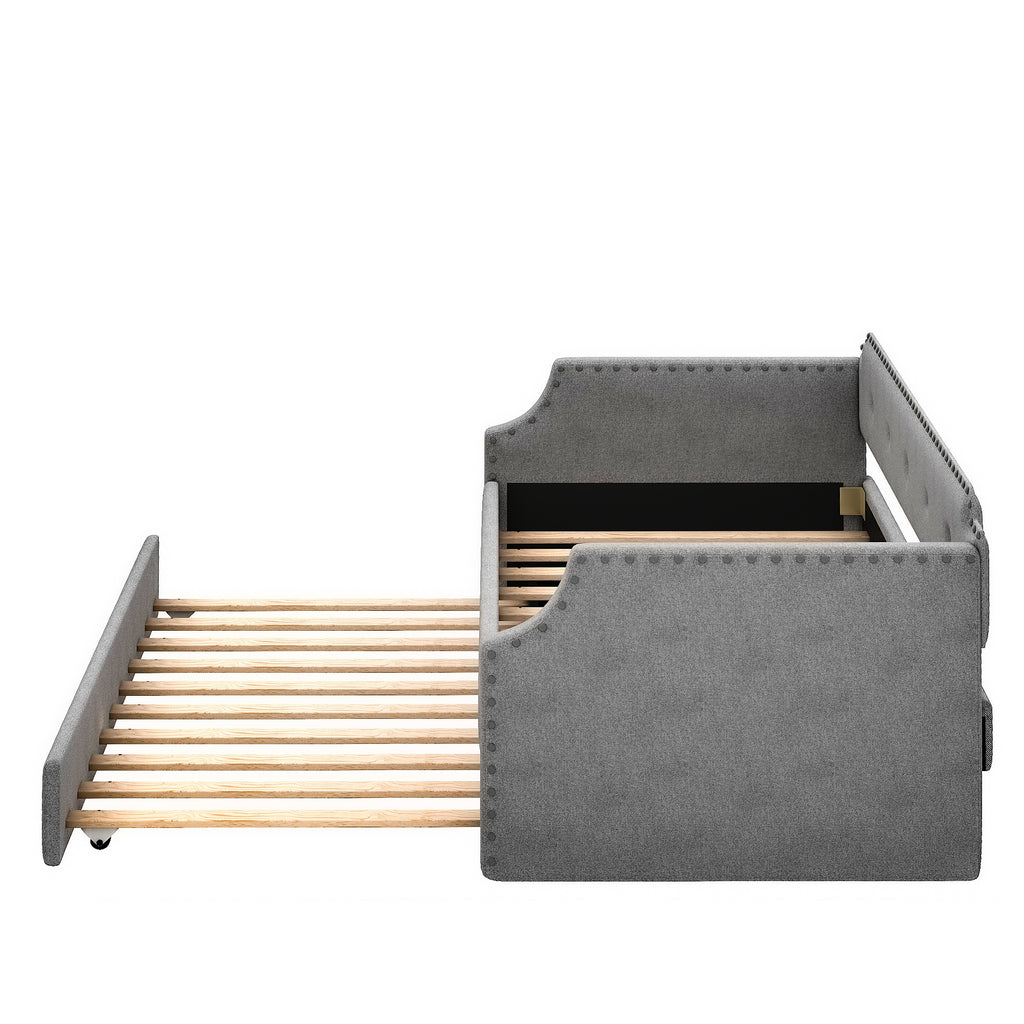 Gray Upholstered Daybed with Trundle, Twin, Wood Slat Support, Linen Fabric Frame Sofa Bed - Grand Goldman Shop