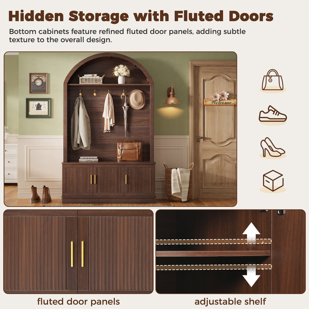 Farmhouse Fabric Arched Top Hall Tree with 5 Metal Hooks, All-in-One Mudroom Furniture with Adjustable Shelves, Mid-Century Fluted Door Entryway Bench with Wood Grain Finish for Hallway, Walnut - Grand Goldman Shop