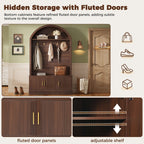 Farmhouse Fabric Arched Top Hall Tree with 5 Metal Hooks, All-in-One Mudroom Furniture with Adjustable Shelves, Mid-Century Fluted Door Entryway Bench with Wood Grain Finish for Hallway, Walnut - Grand Goldman Shop