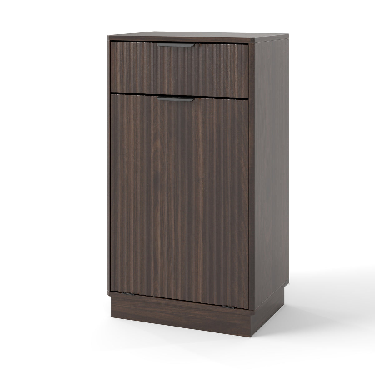 Woodgrain Tilt-Out Trash Can Cabinet with Wave-Textured Drawer & Pull-Out Bin in Walnut Finish - Grand Goldman Shop
