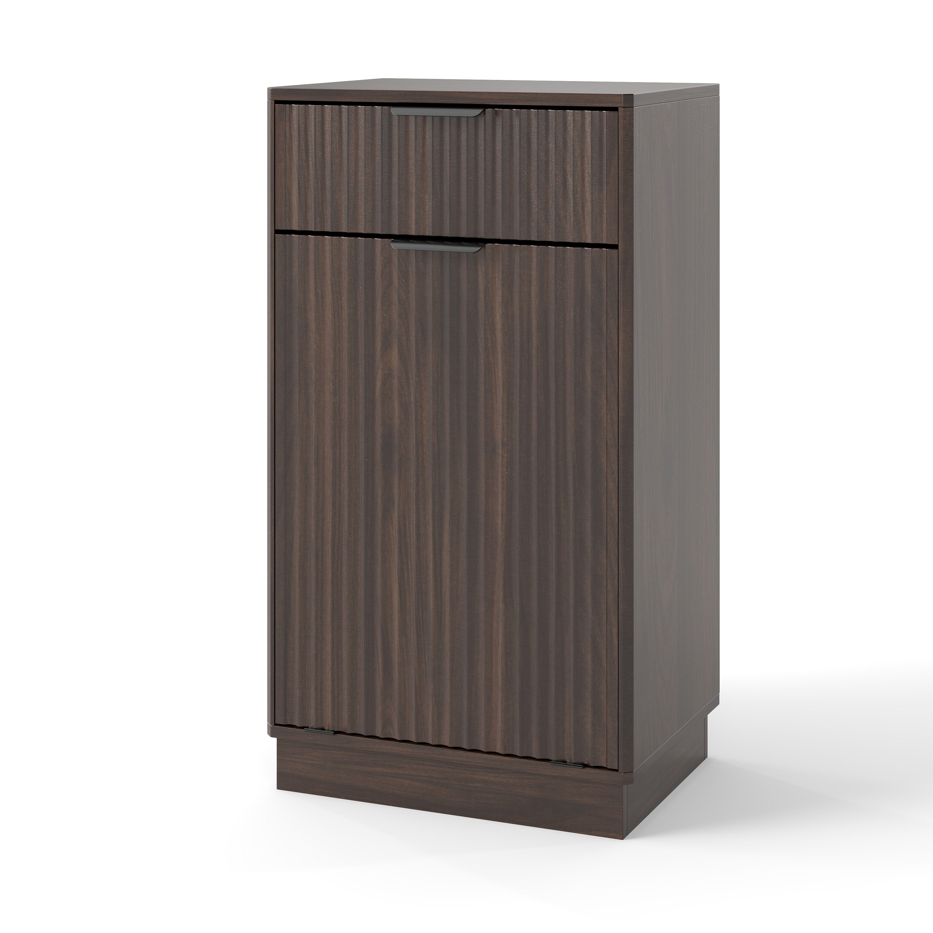 Woodgrain Tilt-Out Trash Can Cabinet with Wave-Textured Drawer & Pull-Out Bin in Walnut Finish - Grand Goldman Shop