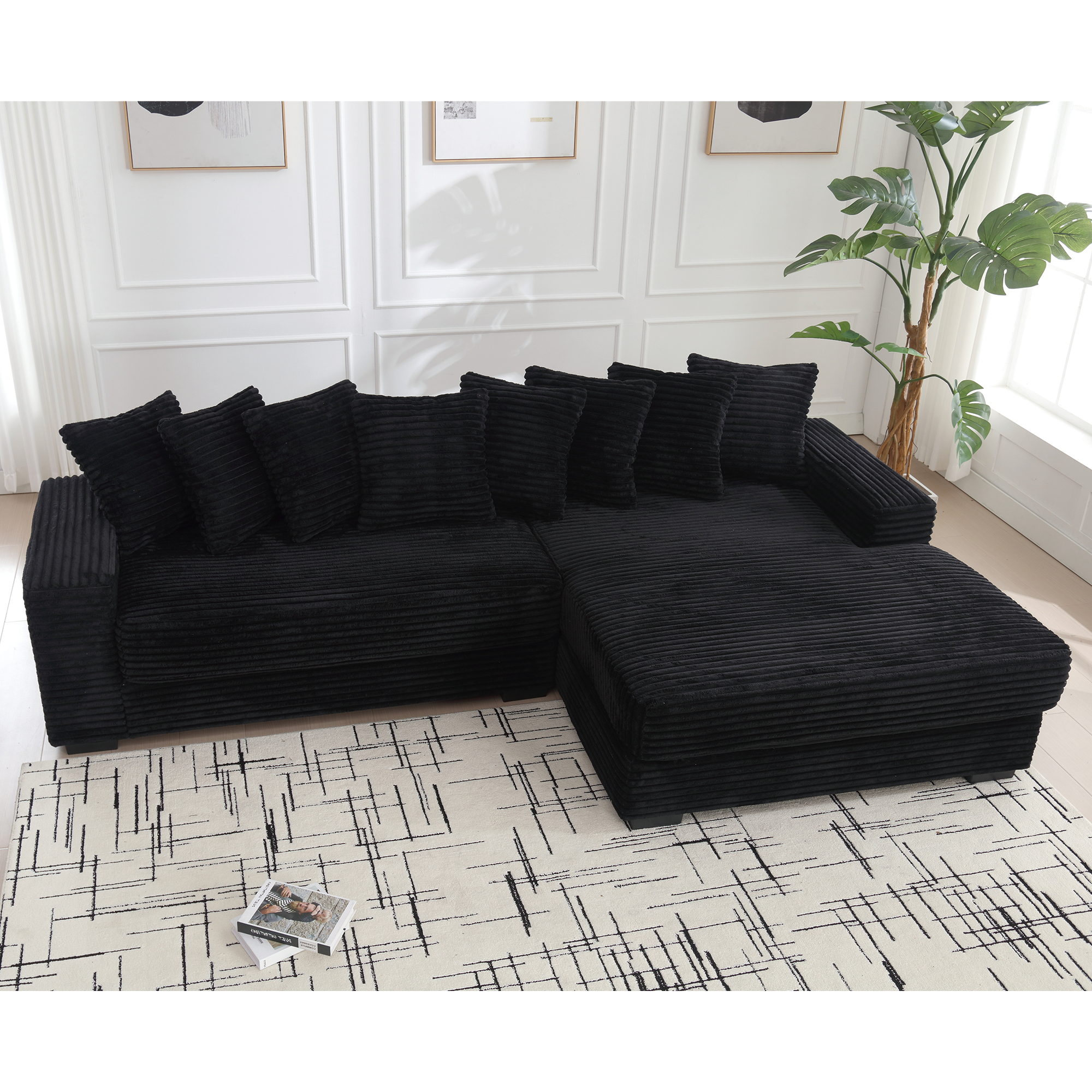 [NEW ARRIVED] [VIDEO PROVIDED] Oversized Two-Piece  Couches,  L Shaped Sofa, Corduroy, Right Chaise Daybed,with Armrests,Eight Throw Pillows,Corner Sofa,Easy To Assemble,  Black - Grand Goldman Shop