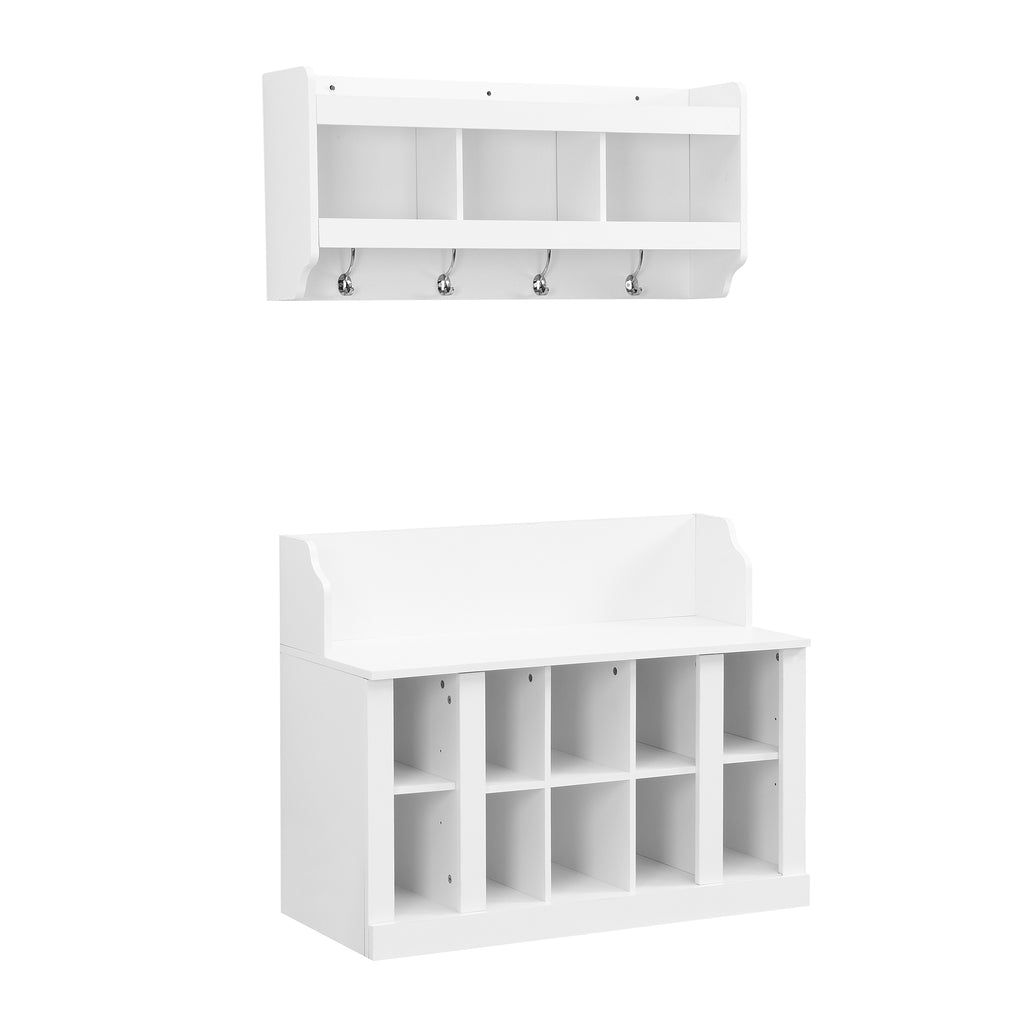 ON-TREND Shoe Storage Bench with Shelves and 4 Hooks, Elegant Hall Tree with Wall Mounted Coat Rack, Entryway Organizer For Hallway, Foyer, Mudroom, White - Grand Goldman Shop