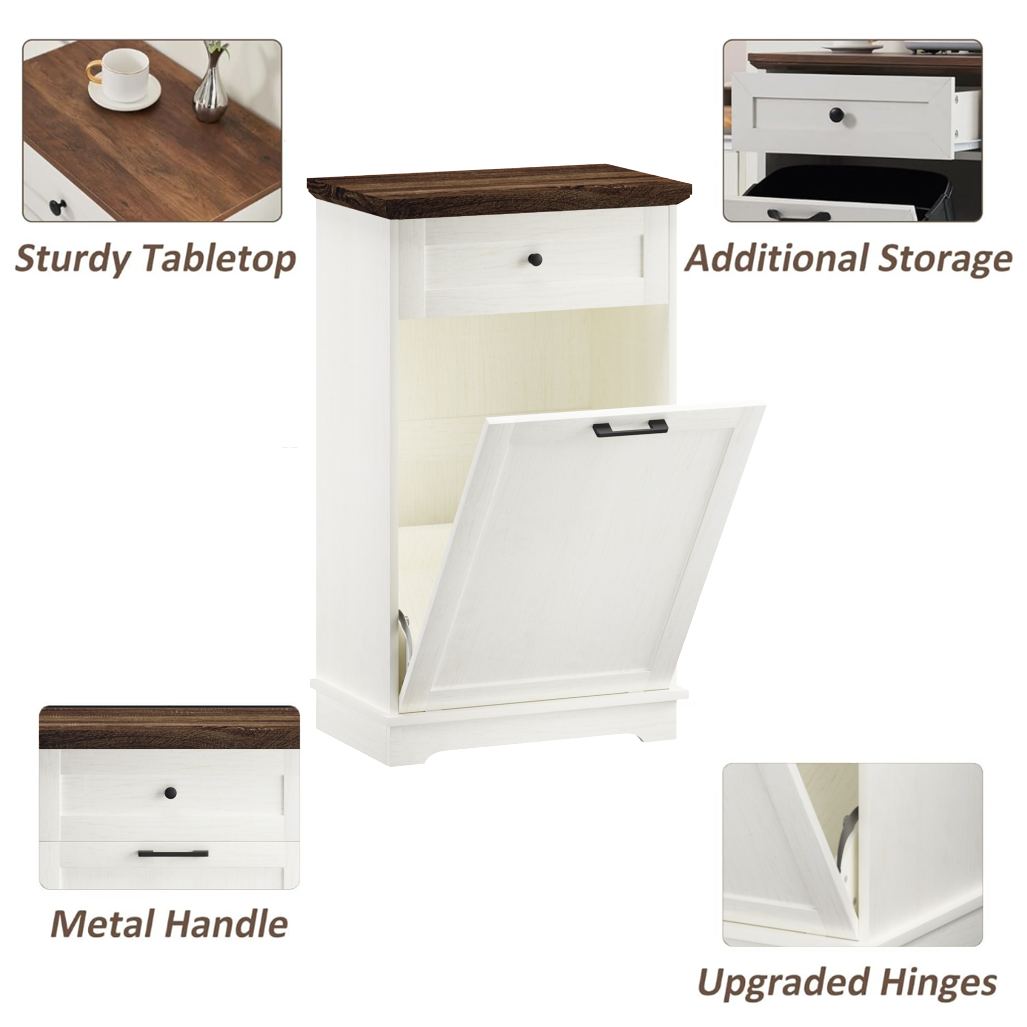10 Gallon Tilt Out Trash Cabinet Freestanding Trash Bin Cabinet Wood Garbage Recycling Cabinet with Drawer Pet Proof Trash Can Holder for Kitchen Living Room, Antique White (Not include trash can) - Grand Goldman Shop