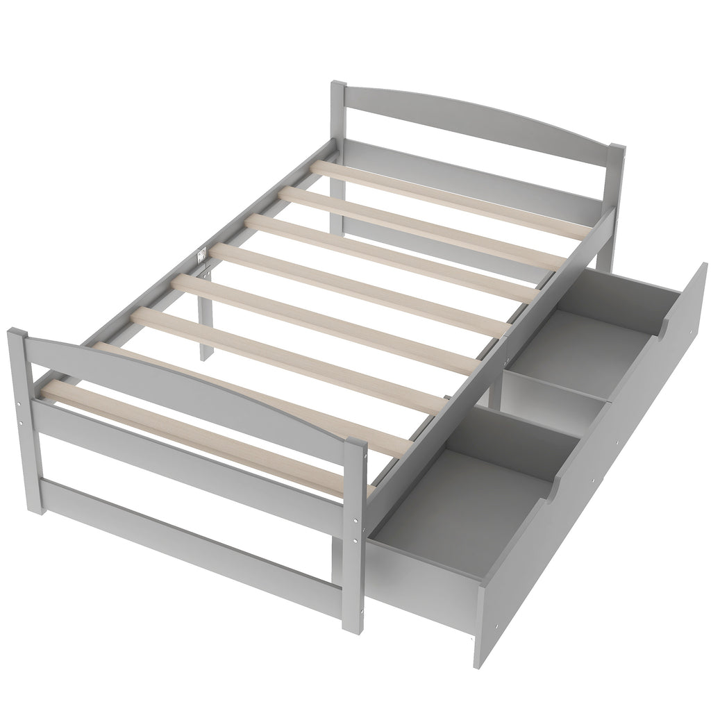 Gray Twin Size Platform Bed with Two Drawers, Pine Wood and MDF Construction - Grand Goldman Shop