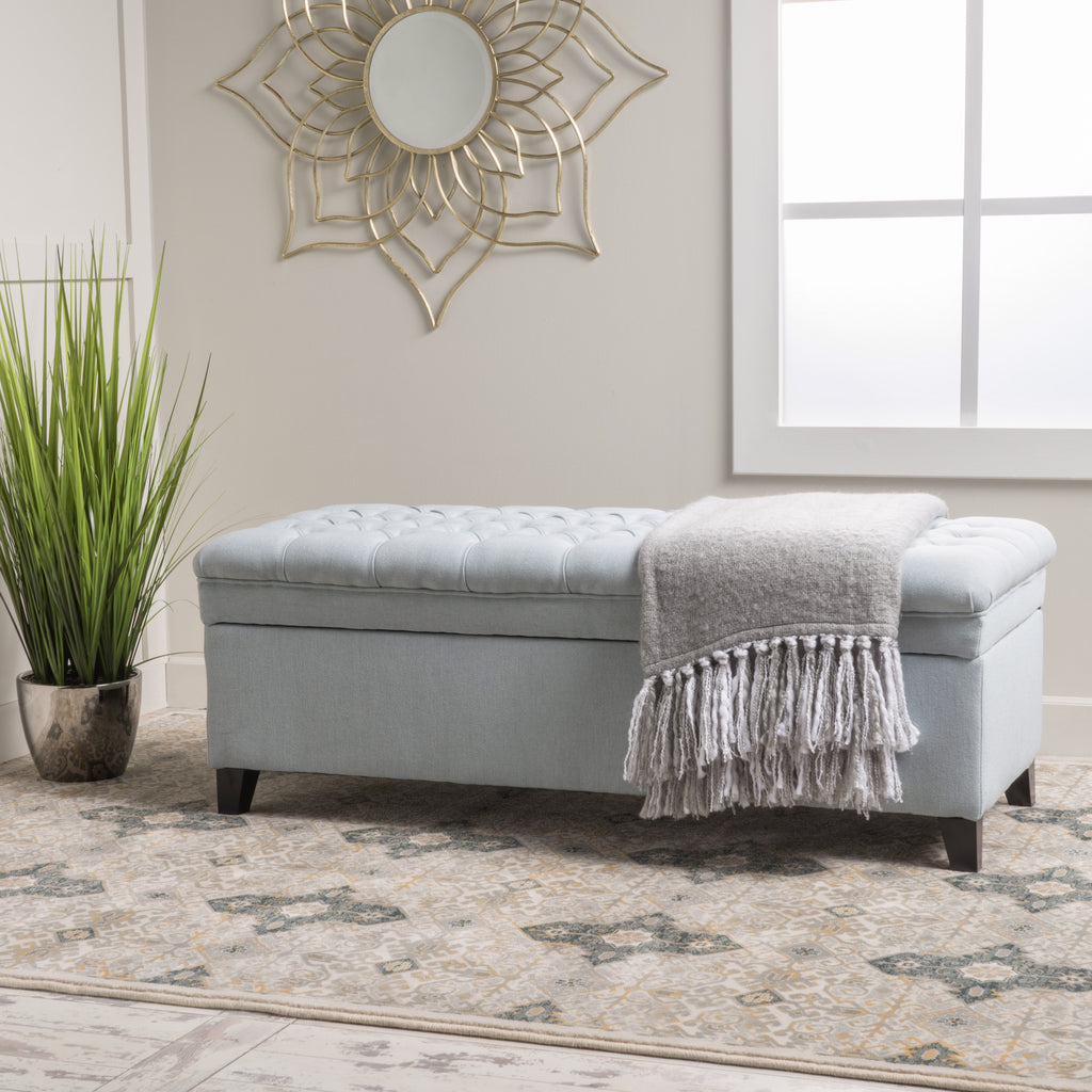 Juliana Storage Ottoman with Fabric Upholstery in Light Blue, Birch Legs, 50 x 20.5 x 18.3 Inches - Grand Goldman Shop