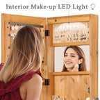 Solid Wood Jewelry Armoire Organizer Cabinet with Full-Length Mirror, Light Brown, 47.5x14.3 in Wall-Mounted Lockable with LED Light - Grand Goldman Shop