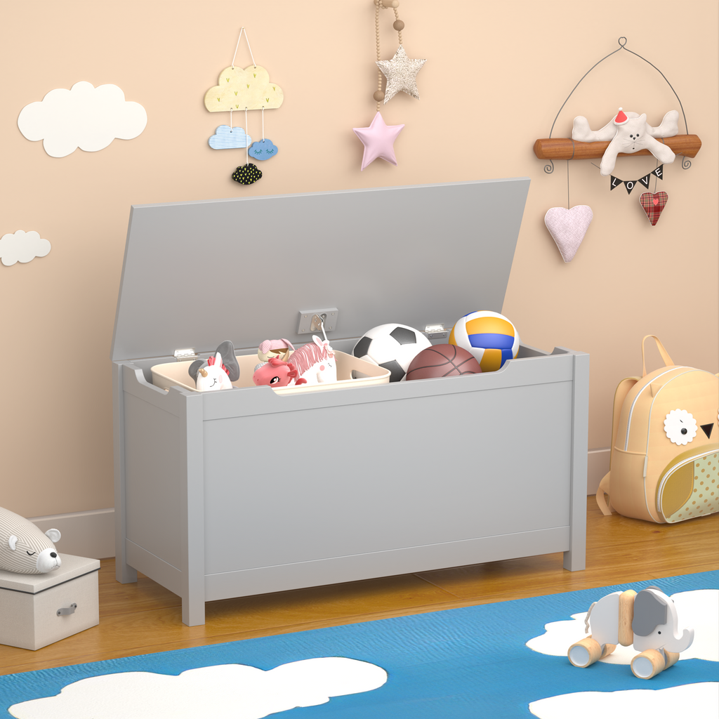 Kids Wooden Toy Box Storage with Safety Hinged Lid for Ages 2+ (Gray) | Premium Home Decor - Grand Goldman