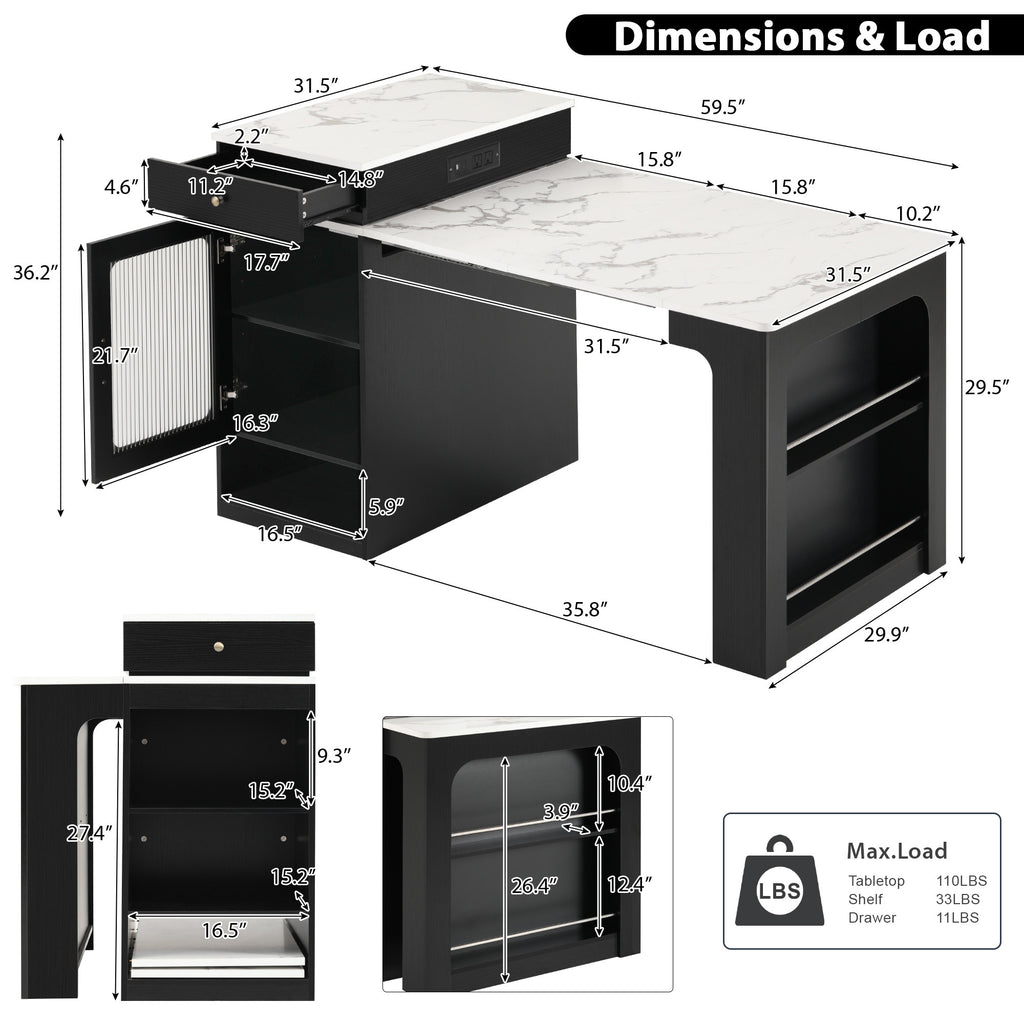 K&K 59.5' Kitchen Island with Extendable Dining Table, Kitchen Storage Table with Double-sided Storage, Kitchen Island with 2 Drawers, Power Outlet, Side Open Shelves, for Kitchen, Dining Room, Black - Grand Goldman Shop