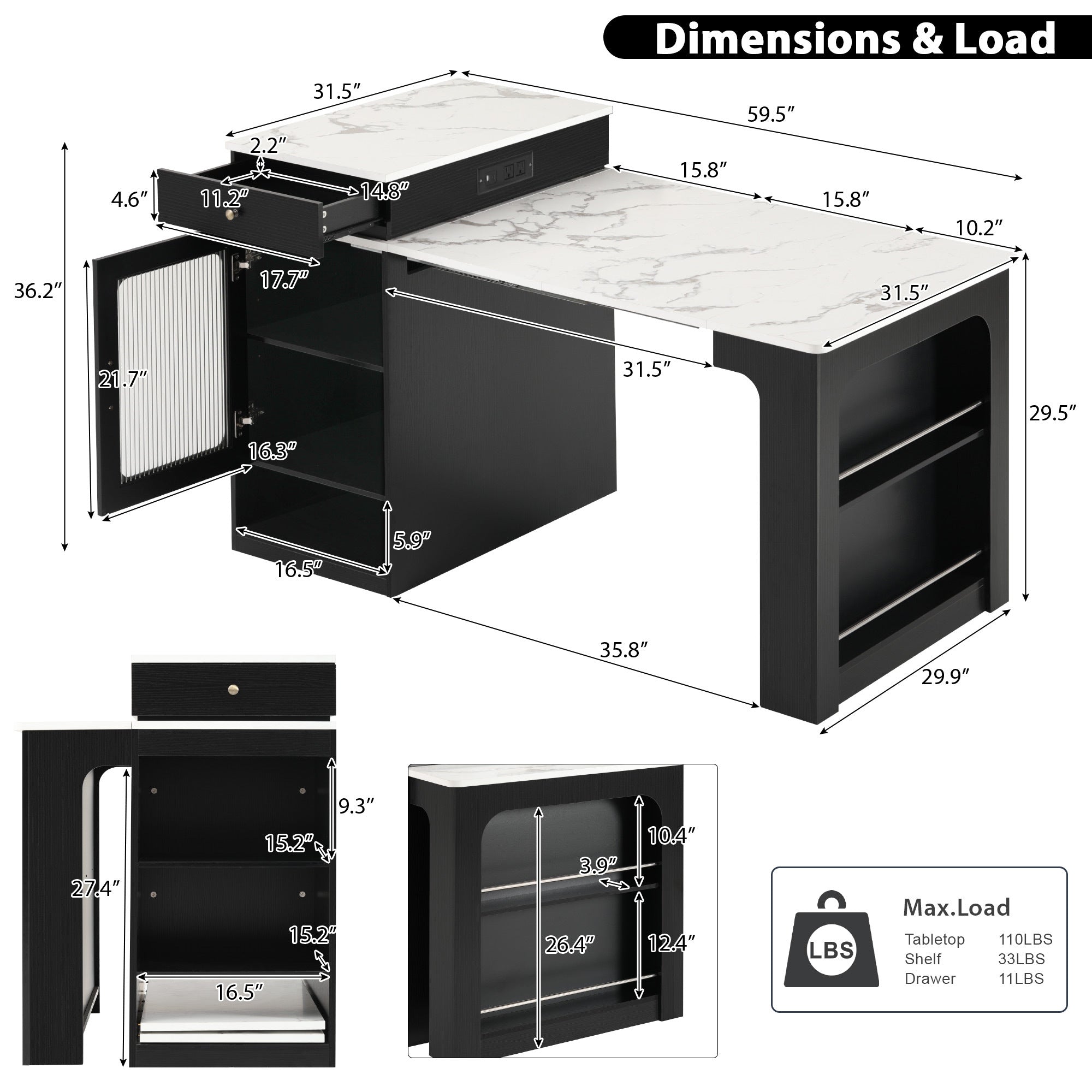 K&K 59.5' Kitchen Island with Extendable Dining Table, Kitchen Storage Table with Double-sided Storage, Kitchen Island with 2 Drawers, Power Outlet, Side Open Shelves, for Kitchen, Dining Room, Black - Grand Goldman Shop