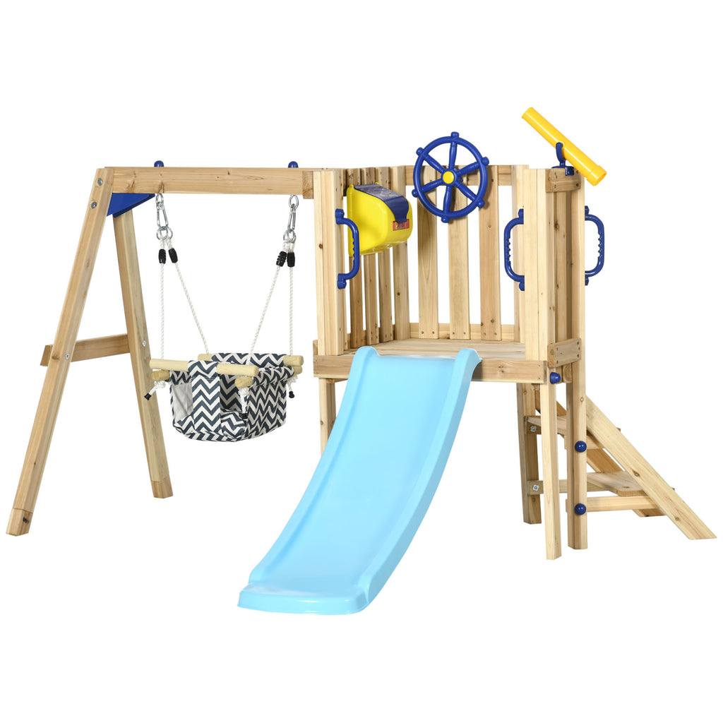 Outsunny 3 in 1 Wooden Swing Set Outdoor Playset with Baby Swing Seat, Toddler Slide, Captain's Wheel, Telescope, Kids Backya