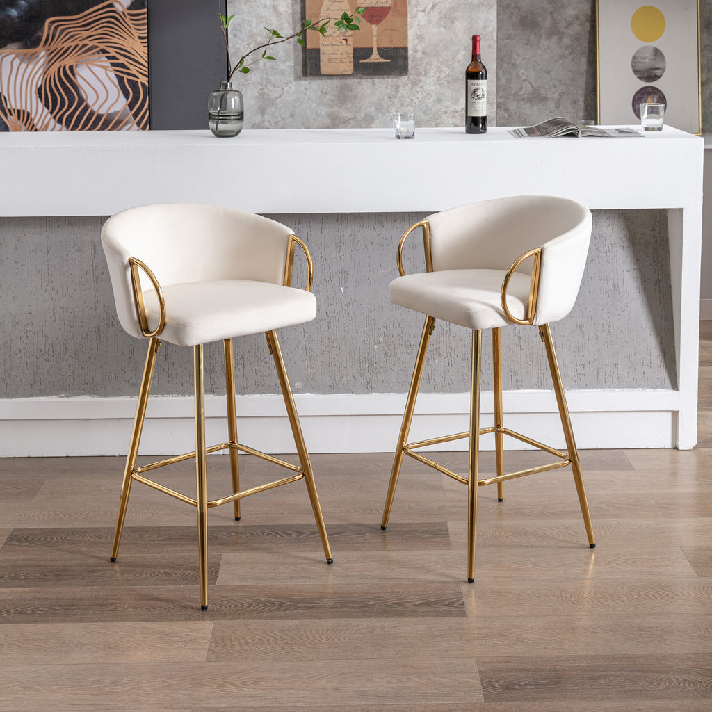 26 Inch Set of 2 Bar Stools,with Chrome Footrest and Base Velvet + Golden Leg Simple Bar Stoo,CREAM - Grand Goldman Shop