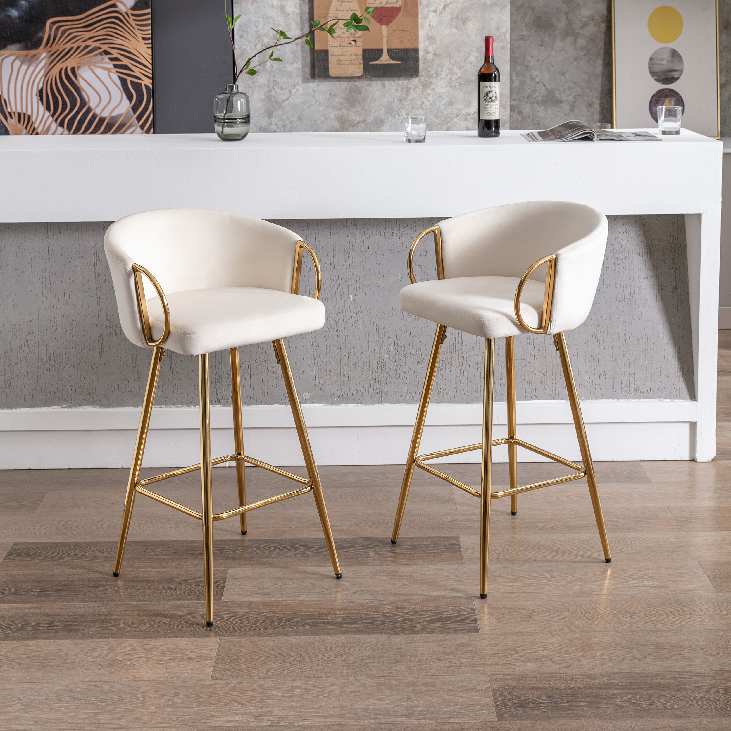 26 Inch Set of 2 Bar Stools,with Chrome Footrest and Base Velvet + Golden Leg Simple Bar Stoo,CREAM - Grand Goldman Shop