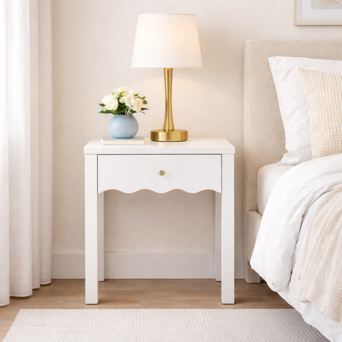 White Nightstand with Drawer, Modern Bedside Table with Wavy Apron Design, Compact End Table for Bedroom Living Room, Small Side Table with Storage - Grand Goldman Shop