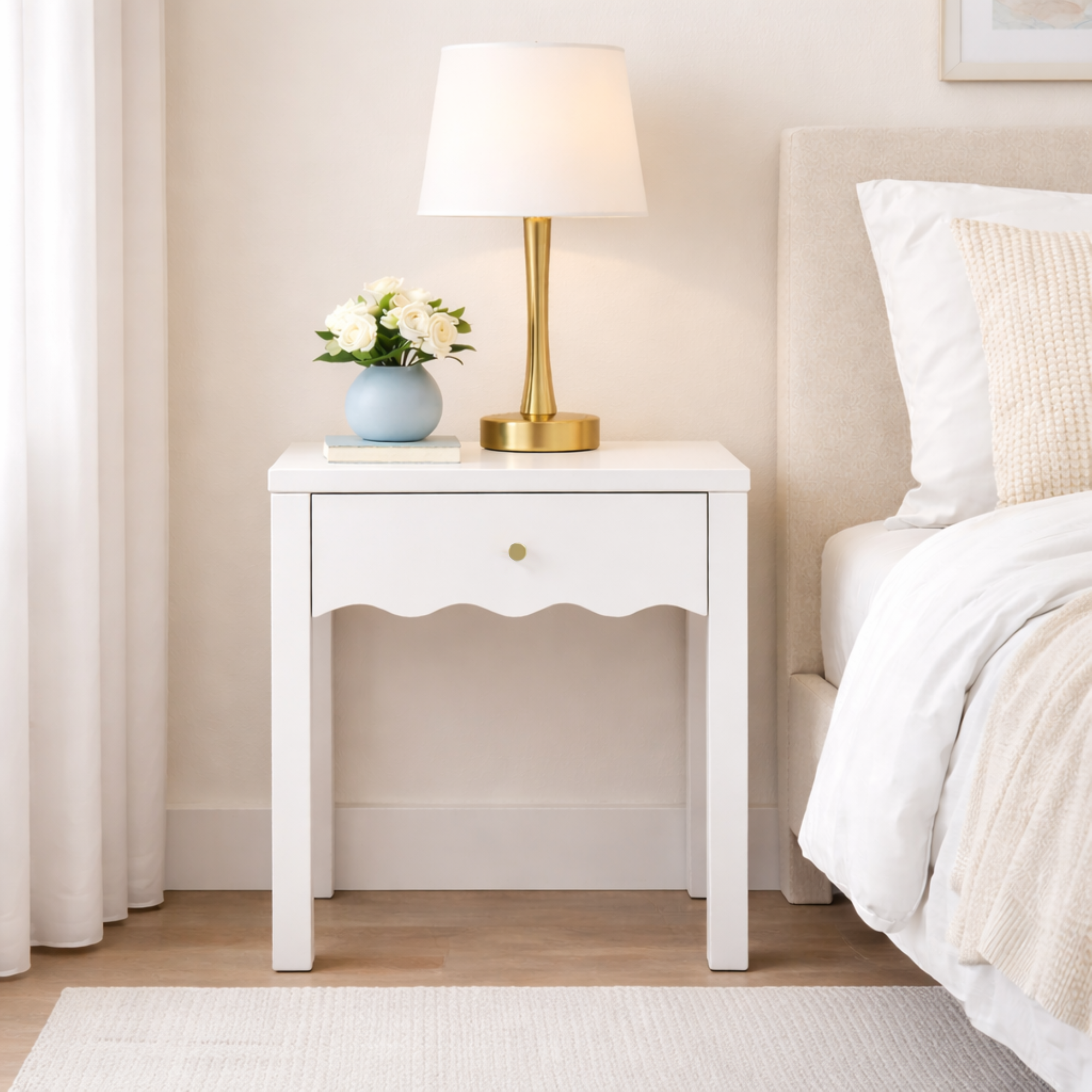 White Nightstand with Drawer, Modern Bedside Table with Wavy Apron Design, Compact End Table for Bedroom Living Room, Small Side Table with Storage - Grand Goldman Shop