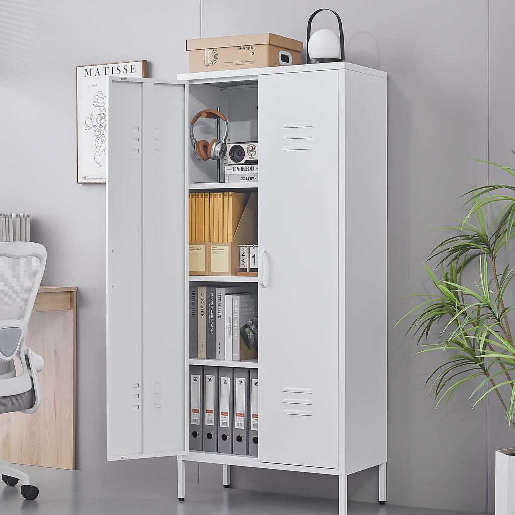 Modern Storage Cabinet with Adjustable Shelves, Magnetic Door Stopper, Aluminum Alloy Handles, and Breathable Design in White