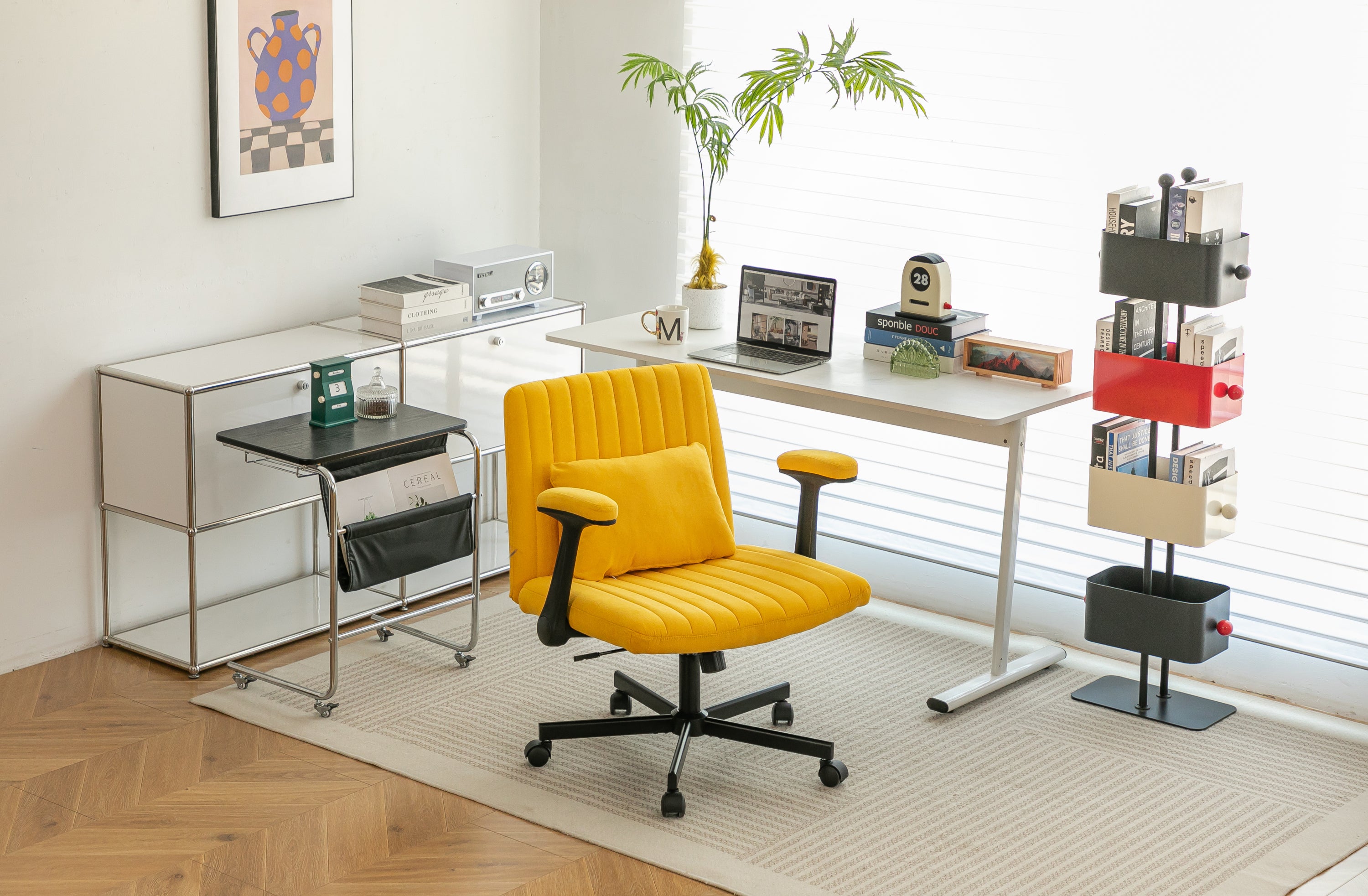 Modern Yellow Linen Criss Cross Armrest Office Chair with Wheels - Ergonomic Design for Home Office, Work & Study | Premium H