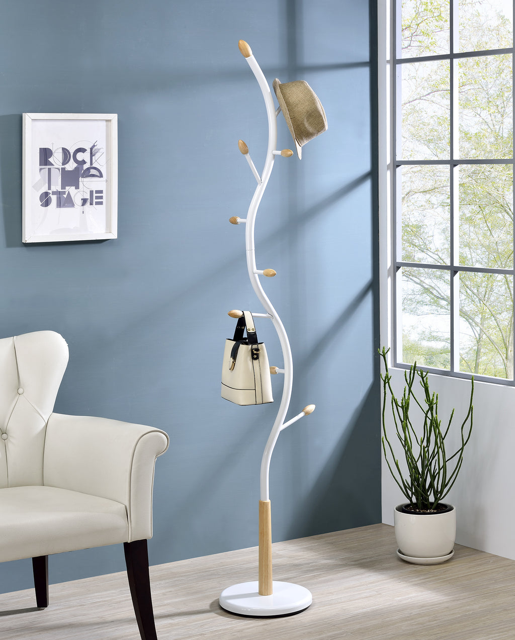 Arles Metal Whtie and Oak Standing Coat Rack - Grand Goldman Shop