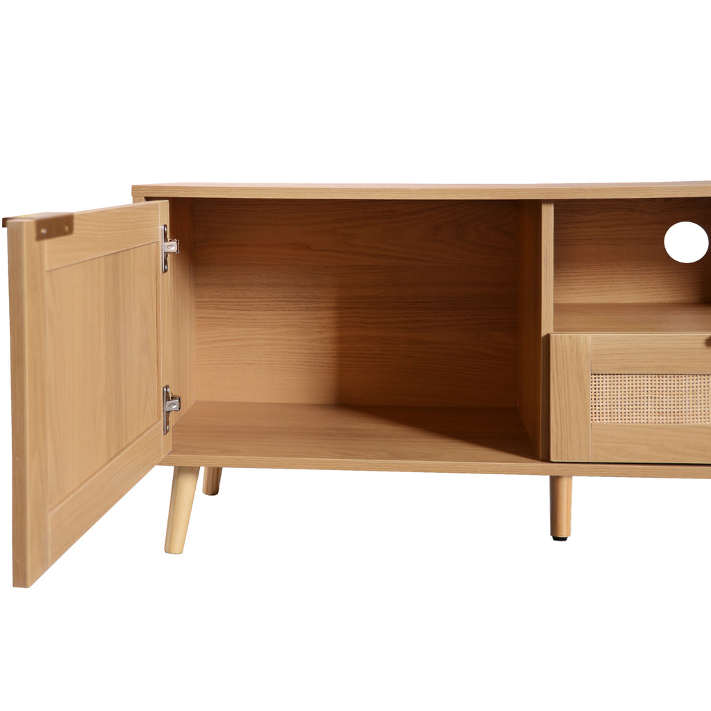 Modern Farmhouse Rattan TV Stand for TVs up to 85'', Solid Wood Legs, Media Console with MDF Board, Living Room Entertainment Center in Wood Finish - Grand Goldman Shop