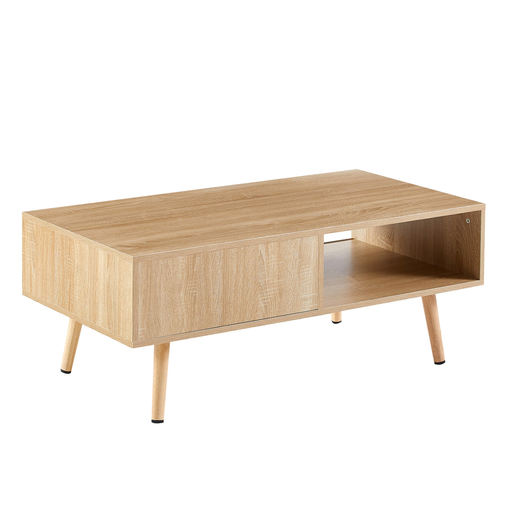 41.34' Rattan Coffee Table, Sliding Door for Storage, Solid Wood Legs, Modern Table for Living Room-Natural - Grand Goldman Shop