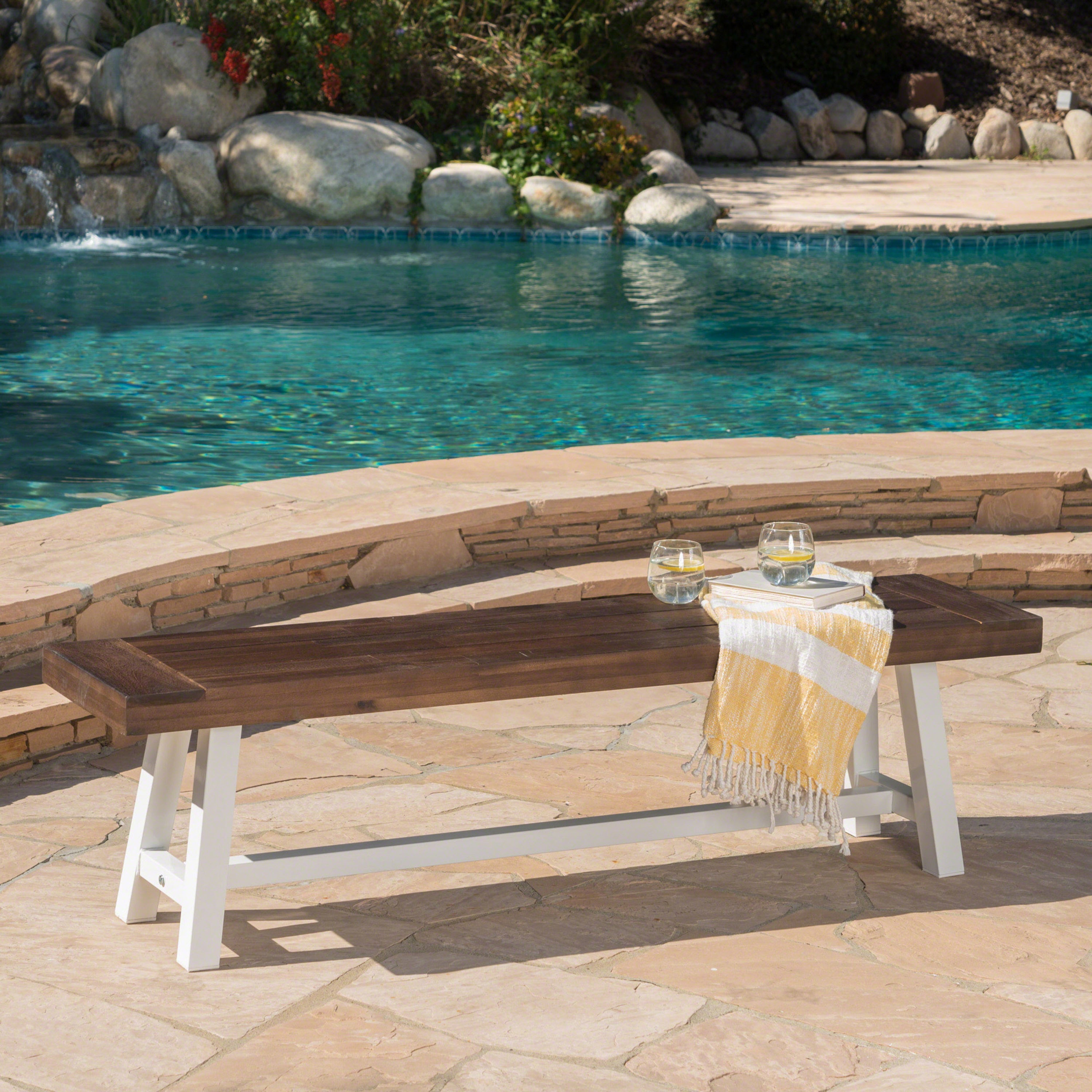 Tranquilizer Outdoor Acacia Wood Bench with Slat Panel Design, Dark Brown and White - Grand Goldman Shop