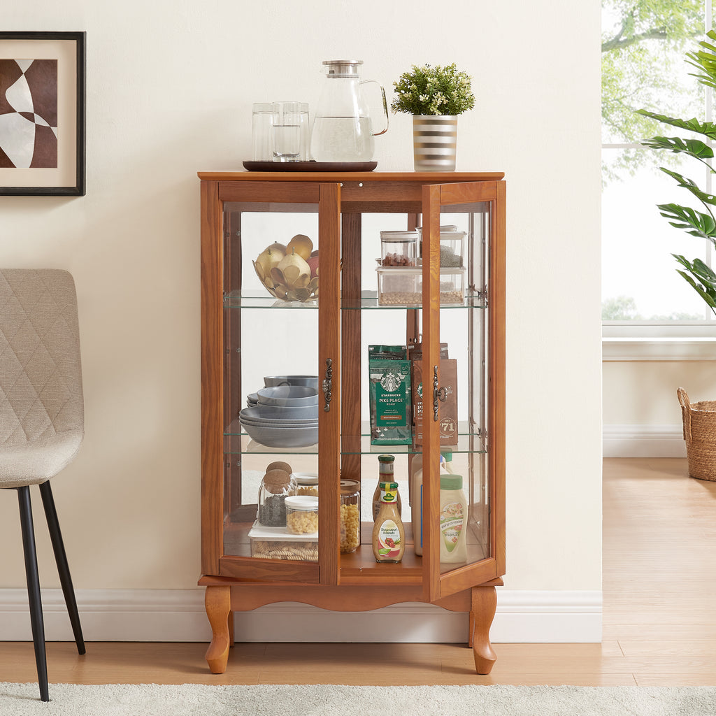 2 Doors Curio Cabinet with Tempered Glass Doors, Curio Cabinets with Mirrored Back Panel and Adjustable Shelves, Lighted Display Cabinet for Home, Office Light Bulb Included Oak - Grand Goldman Shop