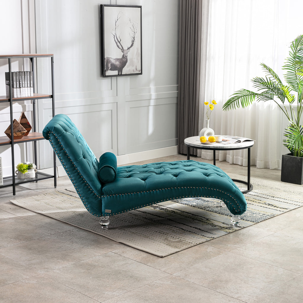 Velvet Chaise Lounge Indoor, Button-Tufted Upholstered Chaise Lounge Chair with Pillow, Teal Velvet, 63.38 inch - Grand Goldman Shop