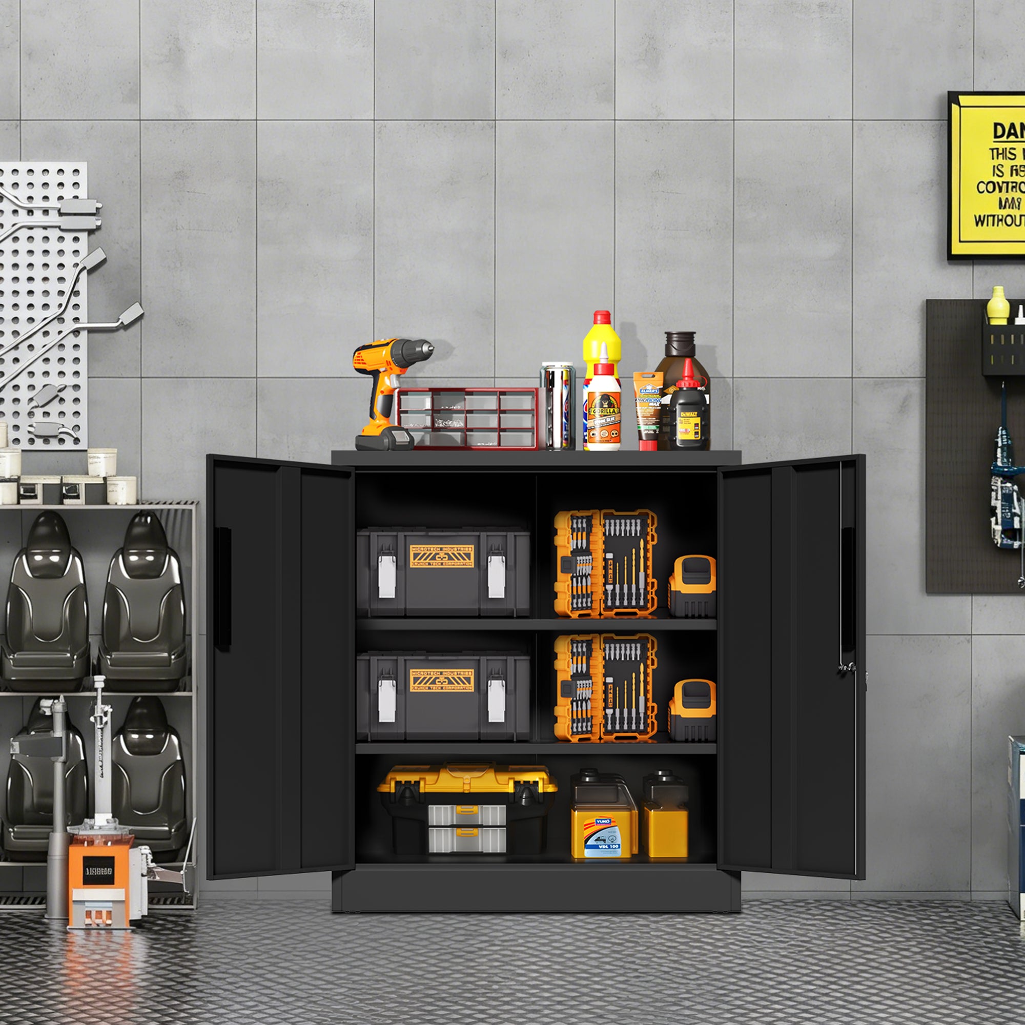 Black Heavy Duty Metal Storage Cabinet with Lock, 2-Door File Cabinet with 2 Adjustable Shelves for Home, Office, Garage (35.