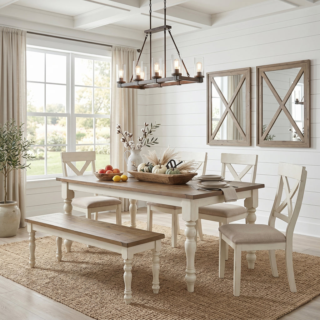Prato Two-Tone Wood Upholstered Dining Bench, Antique White and Distressed Oak - Grand Goldman Shop