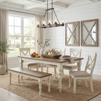 Prato Two-Tone Wood Upholstered Dining Bench, Antique White and Distressed Oak - Grand Goldman Shop