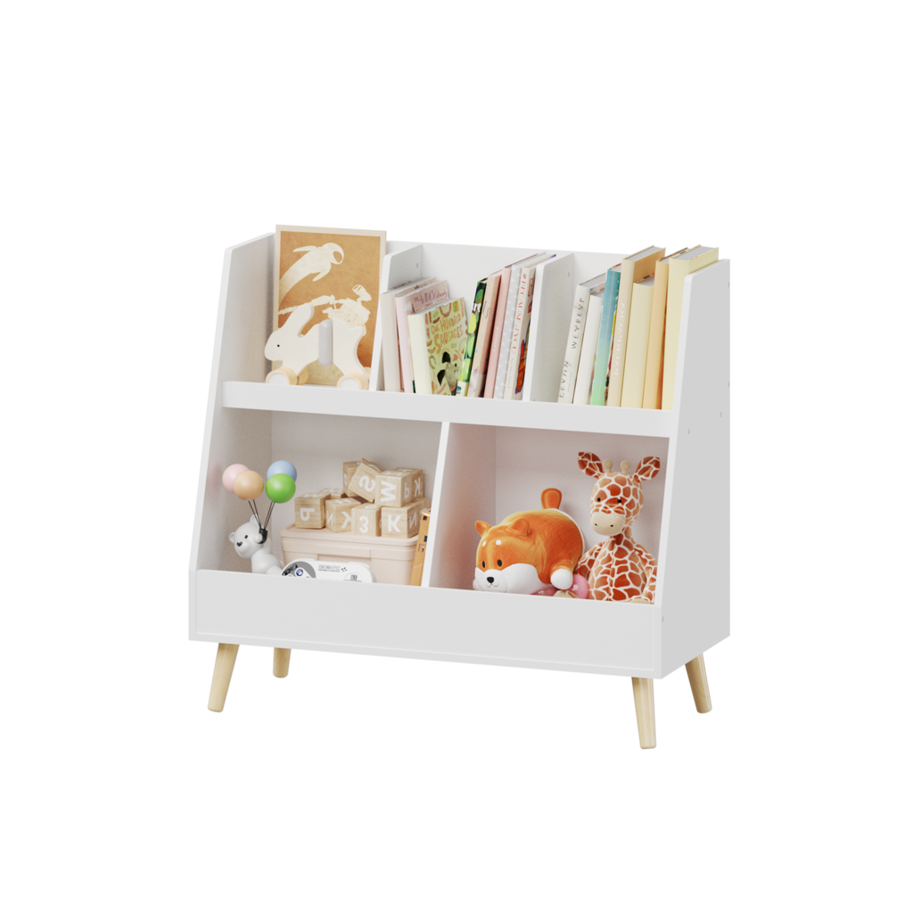 Modern Kids Bookshelf and Toy Organizer with 5 Cubbies, 2-Tier Wooden Open Bookcase, White MDF and Pine Legs - Grand Goldman
