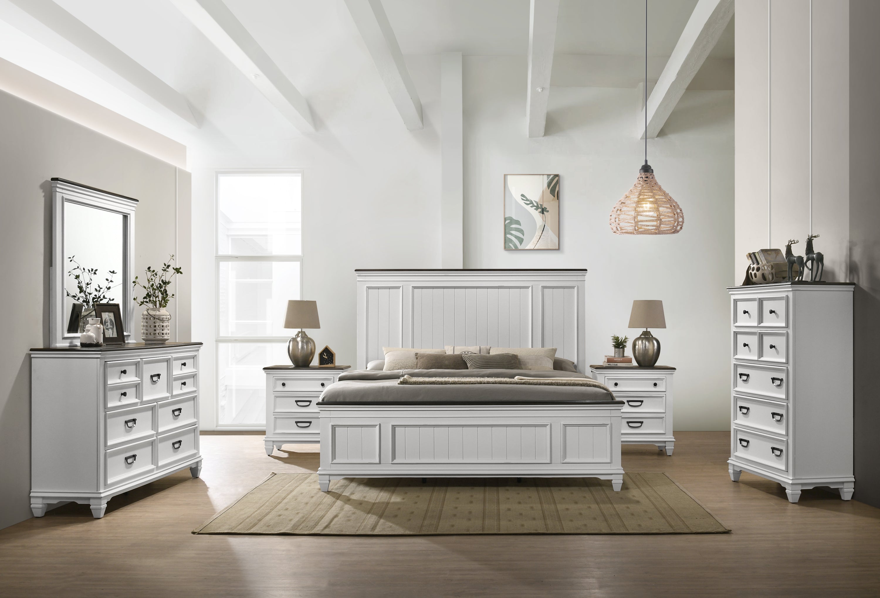 Clelane Wood Bedroom 6 piece Set with Shiplap Panel King Bed, Dresser, Mirror, Two Nightstands, and Chest - Grand Goldman Shop