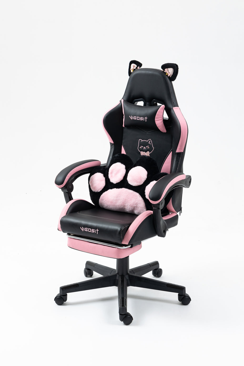 Cute Cat Gaming Chair with Paw Lumbar Cushion, PC Video Gamer Chair for Girl Teen Woman (Black) - Grand Goldman
