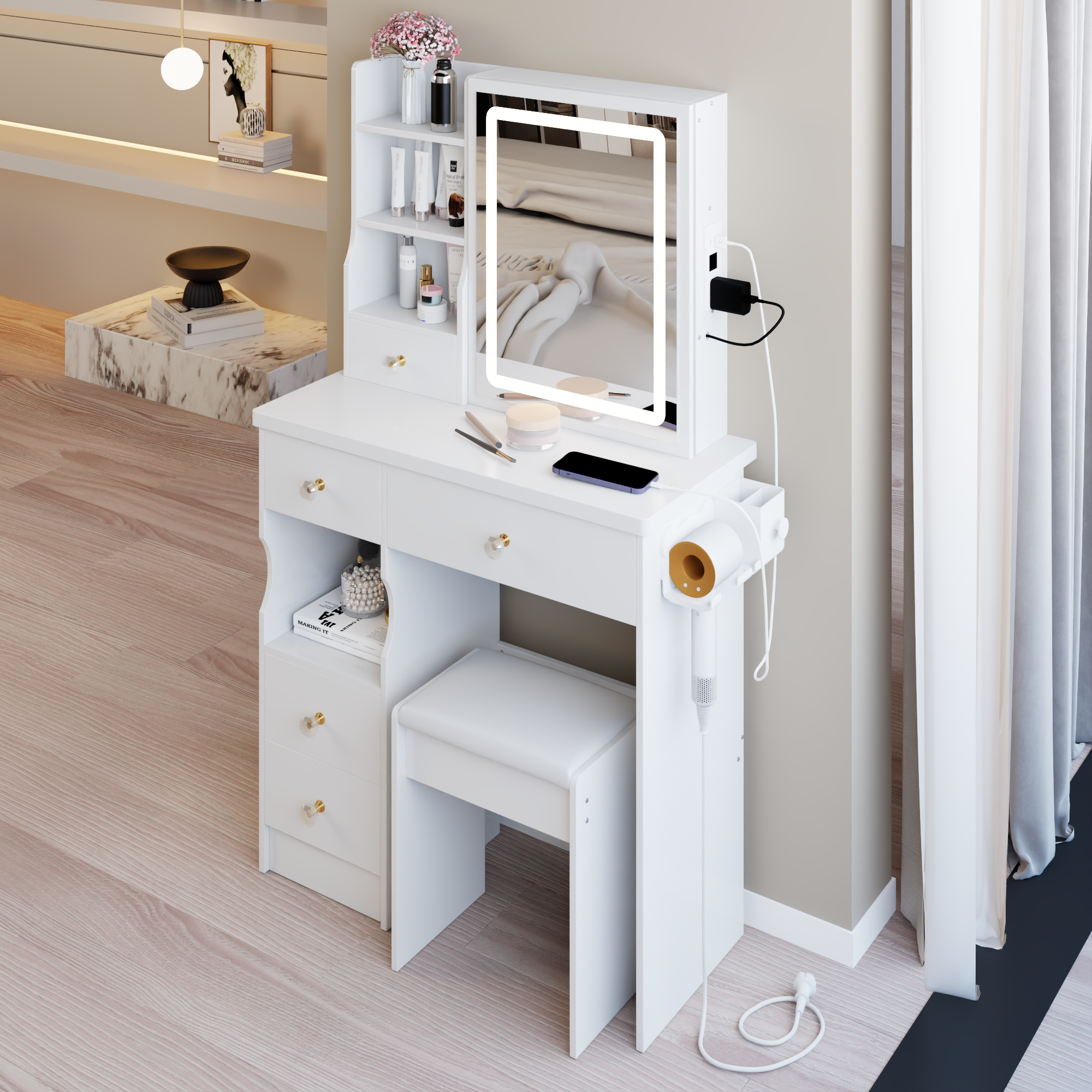29.2' Small Size Drawer Desktop Vanity Table + Cushioned Stool, 2 AC+2 USB Power Station, Hair dryer bracket, Extra Large Touch Control Sliding LED Mirror, 3-color Switching, EPA, GCC, UL Certificate - Grand Goldman Shop