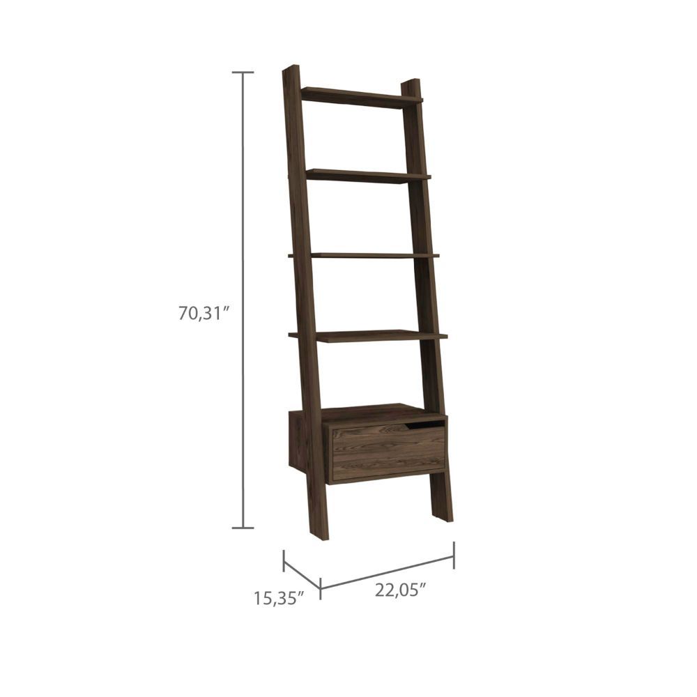 Ladder Bookcase, One Drawer, Five Open Shelves, Dark Walnut | Premium Home Decor - Grand Goldman