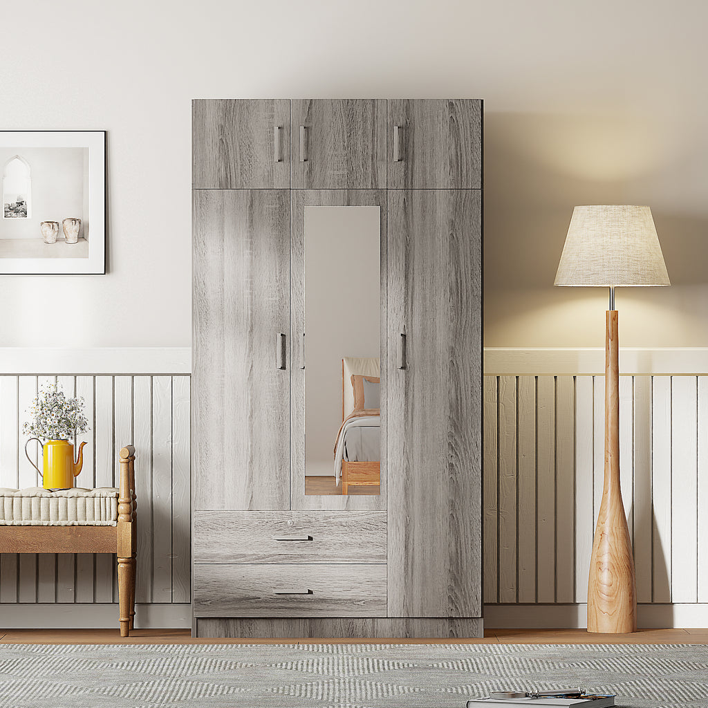 Modern Gray 3-Door Mirror Wardrobe with 2 Drawers and Top Cabinet, Particle Board - Grand Goldman Shop