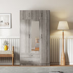 Modern Gray 3-Door Mirror Wardrobe with 2 Drawers and Top Cabinet, Particle Board - Grand Goldman Shop