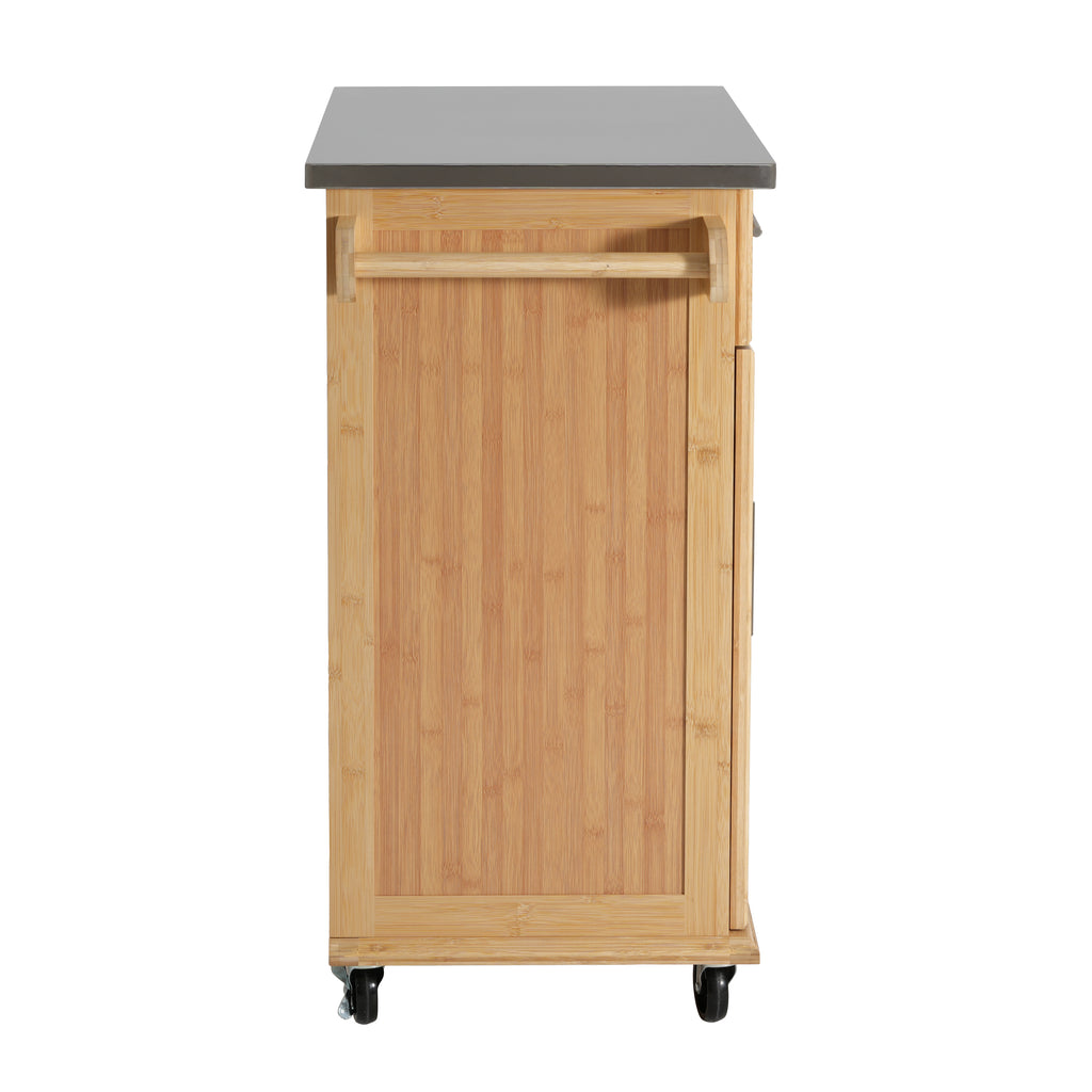 Indoor Compact Bamboo Rolling Kitchen Cart with Stainless Steel Top – Mobile Storage Island with Drawer & Cabinet for Small Spaces - Grand Goldman Shop